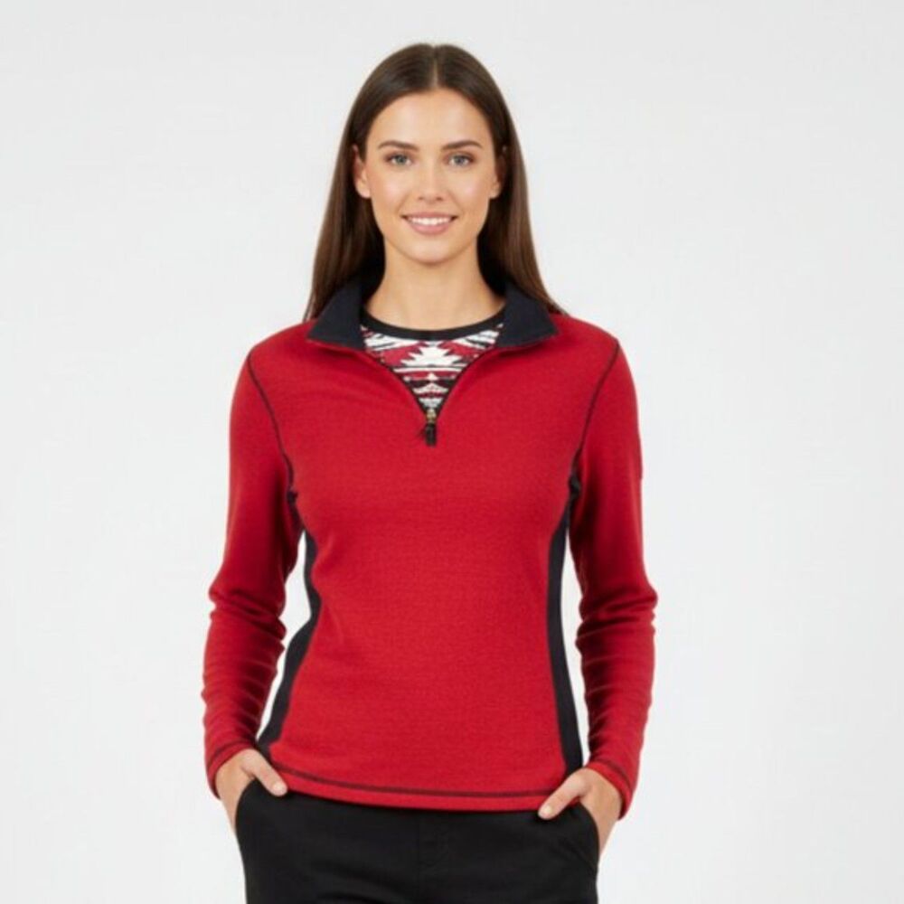 Ralph Lauren Red & Black Ribbed Zip Neck Long Sleeve Logo Patch Top L
